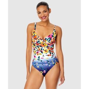 Anne Cole Womens Floral Ombre Twist Front Ruched One Piece Swimsuit Sz 10 $118